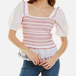 DRAPER JAMES XS SMOCKED EMBROIDERED CAMELLIA TOP BLOUSE